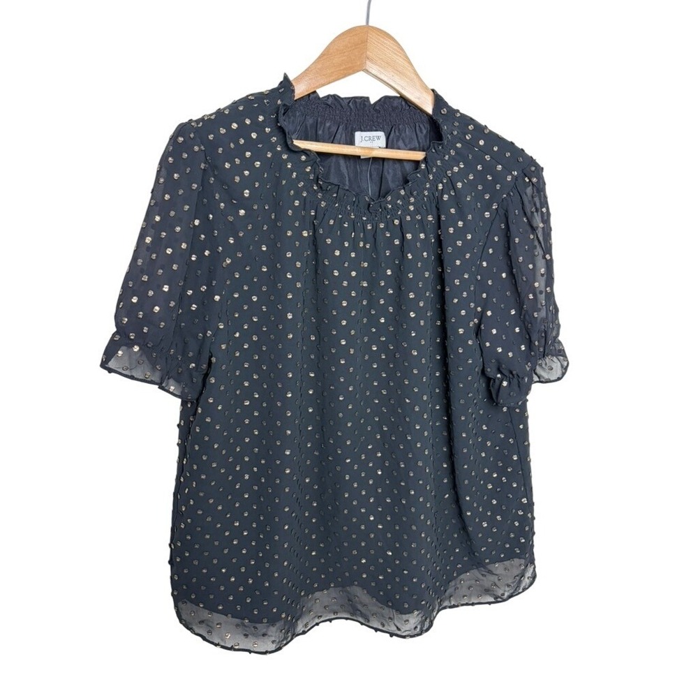 J.Crew Womens Black Gold Metallic Polka Dot Ruffle Neck Blouse Size M NWT - Picture 1 of 4